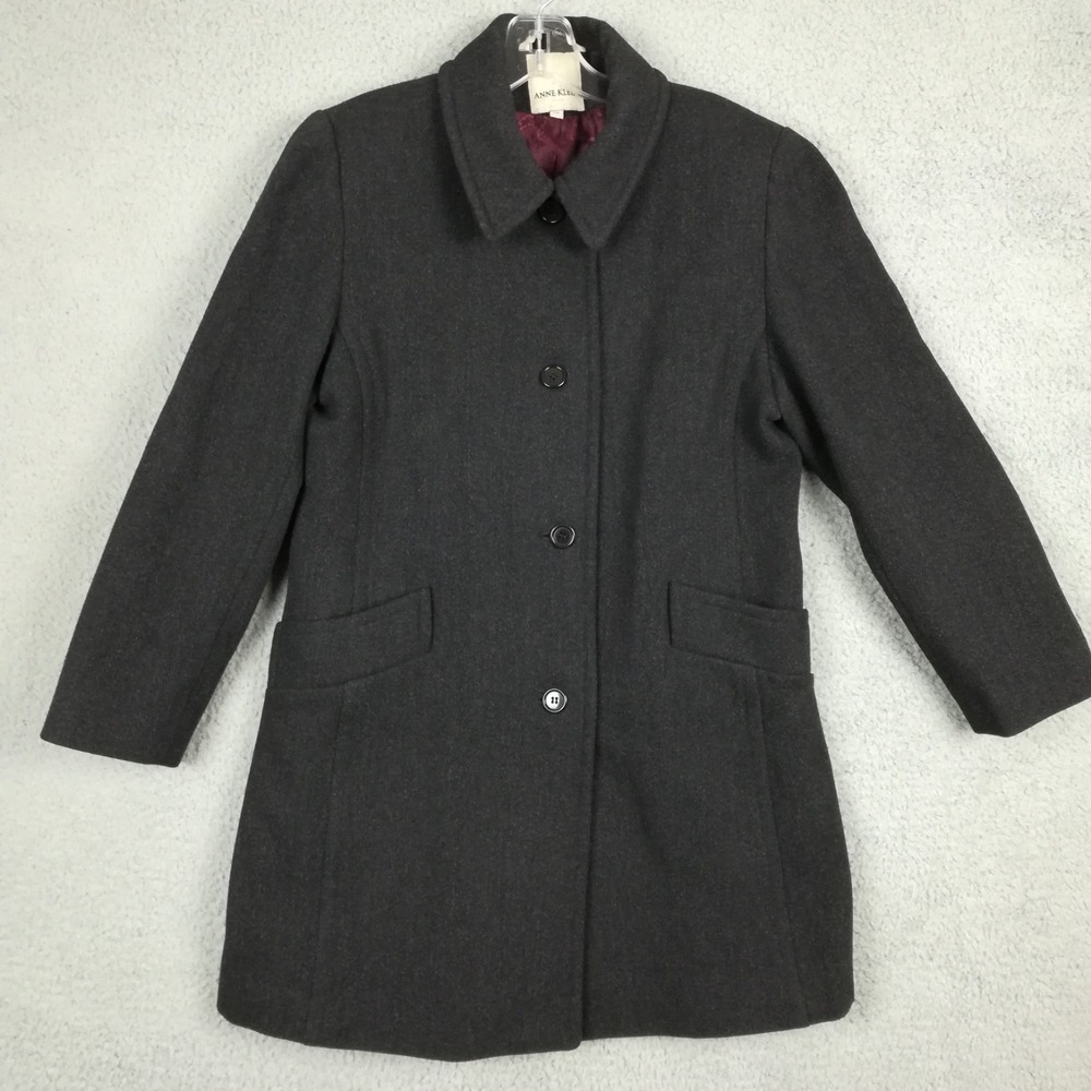 Anne‎ Klein Womens Pea Coat Wool Blend Black Herringbone Button Front Petite 6P